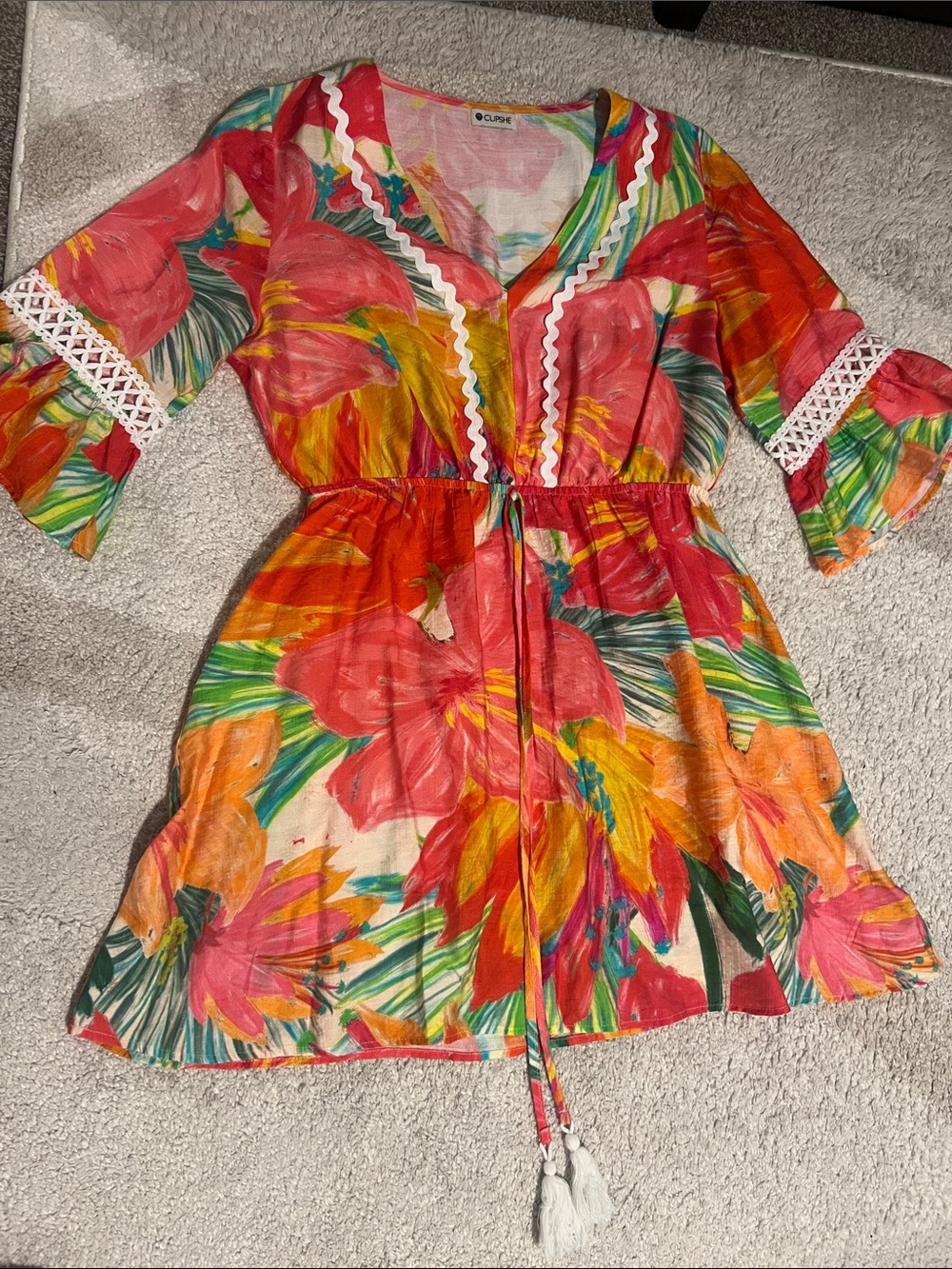 Cupshe Tropical Floral Tie-Waist Dress - Coral, Orange, Green